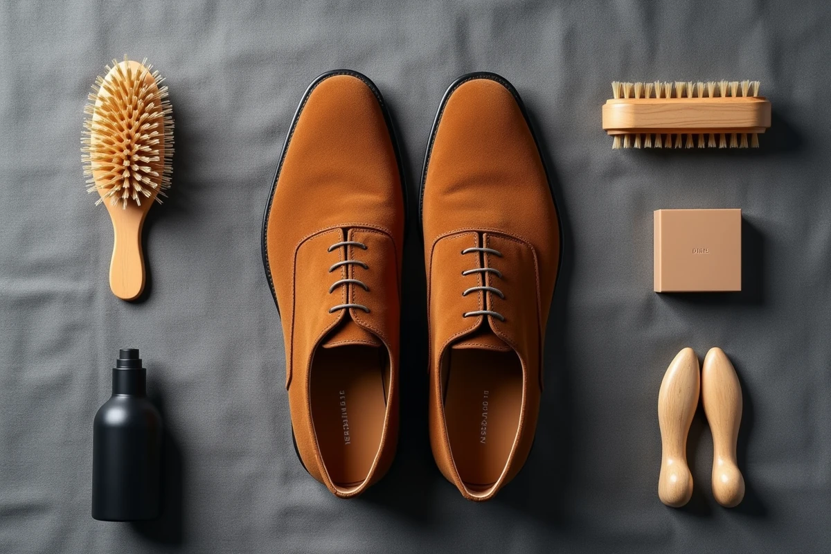 Pose à plat des accessoires d'entretien pour chaussures en daim marron sur tissu lin gris