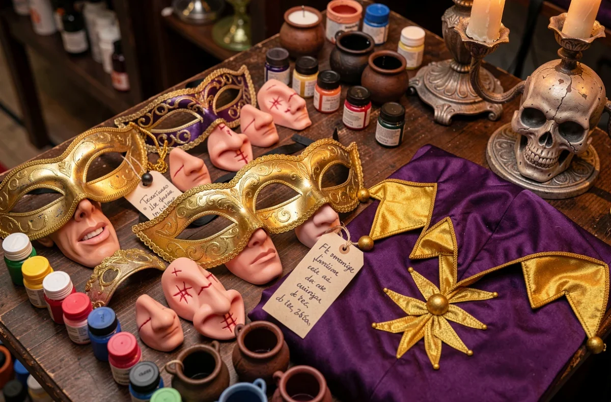 Table d'accessoires Halloween et cosplay en gros plan dans une boutique parisienne spécialisée