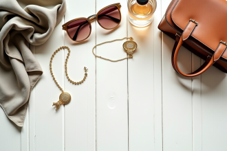 Arrangement élégant d'accessoires de mode sur une table blanche