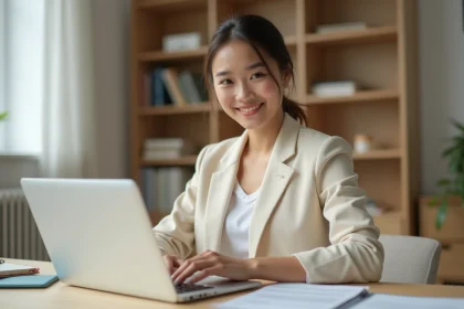 Jeune femme professionnelle assise à son bureau moderne, consultant des documents sur son ordinateur portable dans un espace de travail contemporain