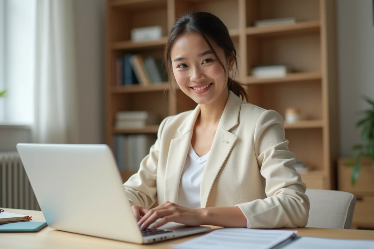 Jeune femme professionnelle assise à son bureau moderne, consultant des documents sur son ordinateur portable dans un espace de travail contemporain