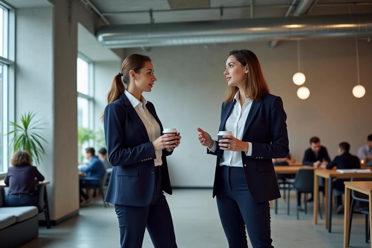 Femme professionnelle en conversation dans un espace de co-working moderne, illustrant une journée de travail dynamique et collaboratif