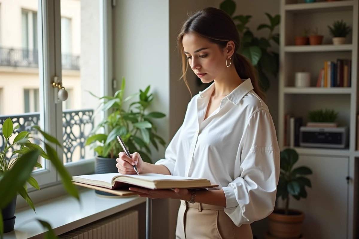 Jeune femme travaillant depuis son bureau à domicile dans un appartement parisien, prenant des notes dans son agenda avec une atmosphère professionnelle et authentique