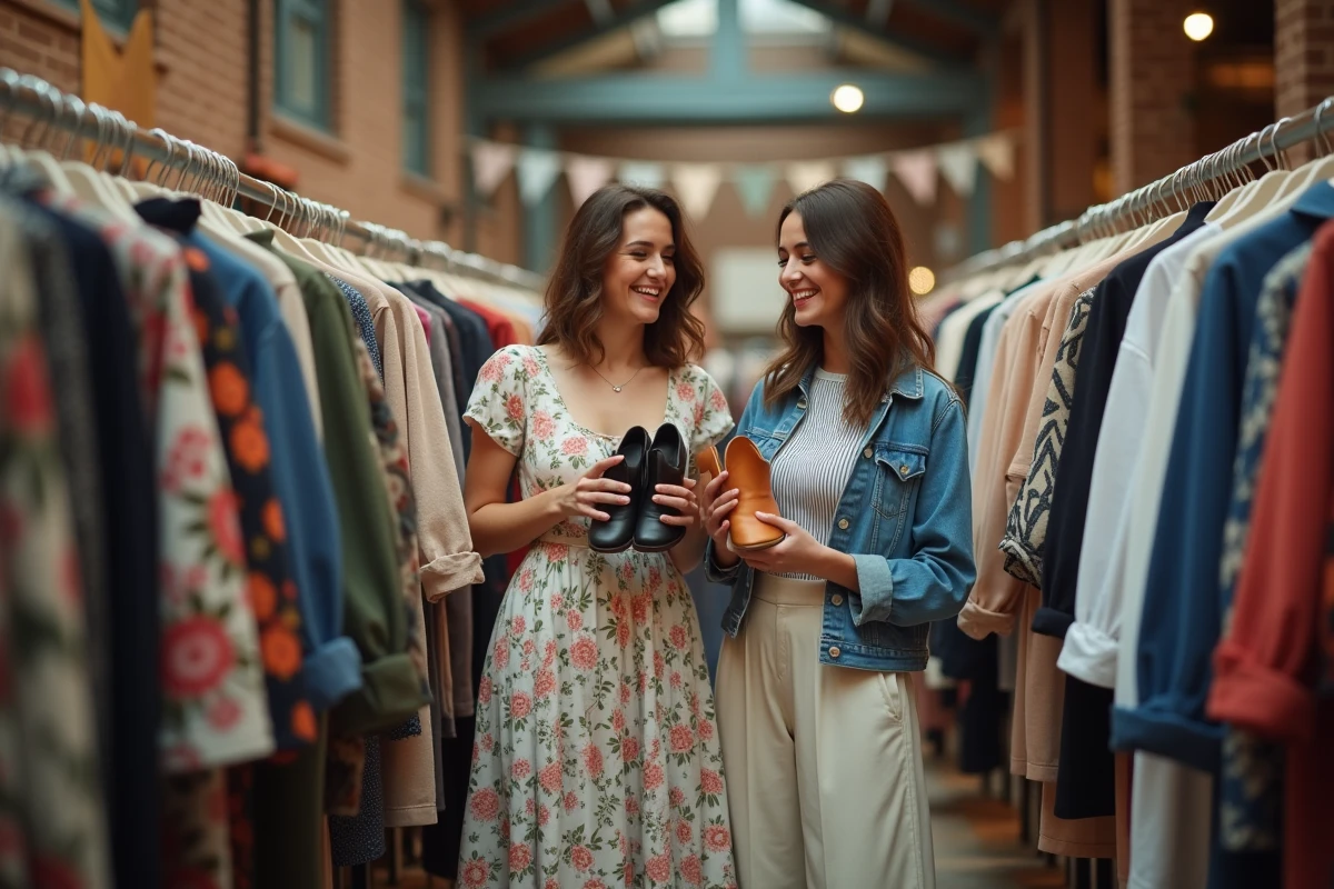 Deux amies comparant des chaussures vintage lors d'une braderie intérieure, shopping mode entre amies
