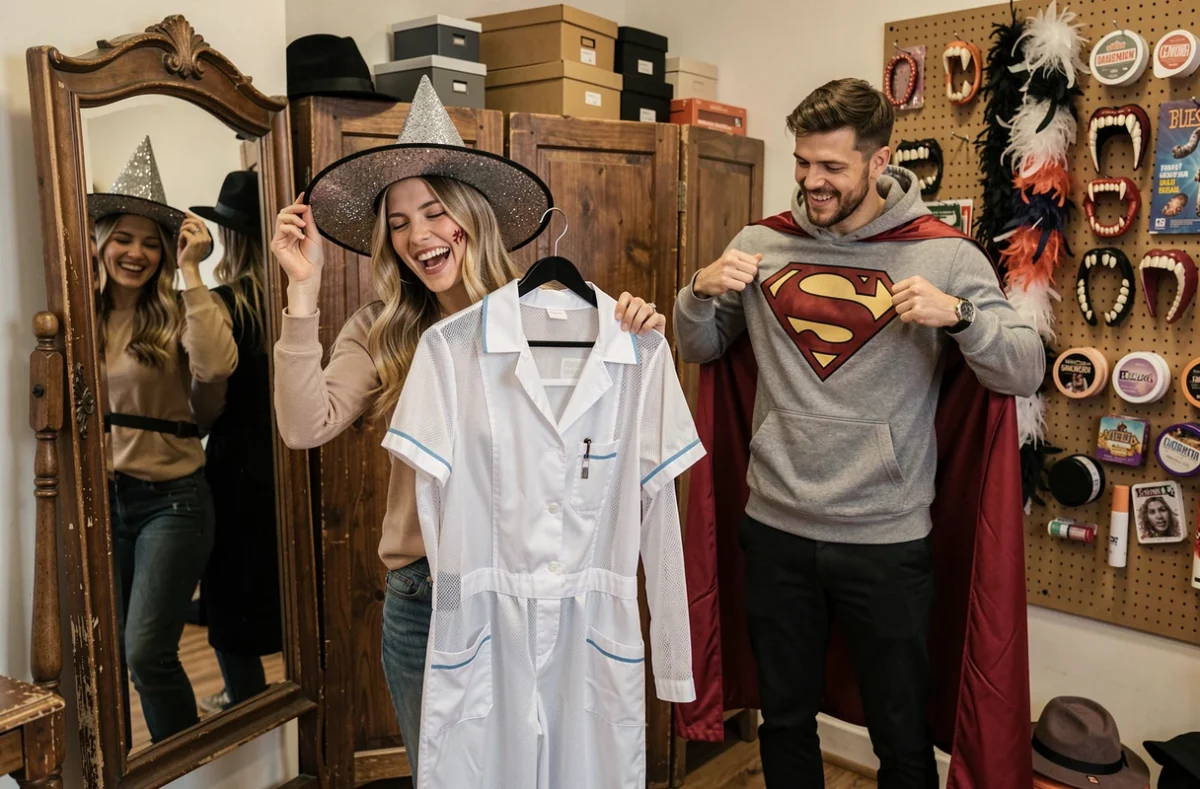 Groupe d'amis essayant des déguisements Halloween dans une boutique parisienne festive