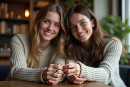 Deux amis regardant leurs bagues en forme de cœur