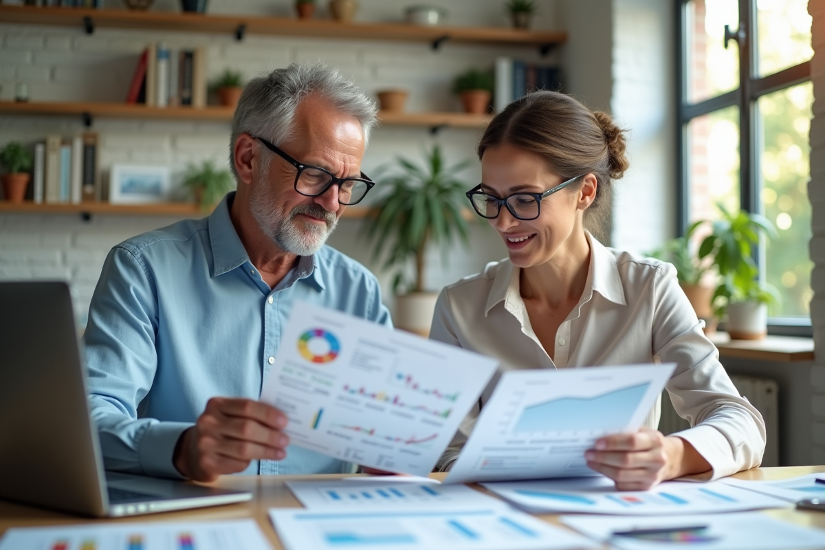 Homme et femme analysant des graphiques financiers