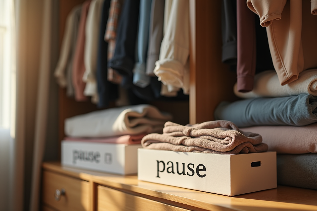 Armoire avec vêtements tendance et boîte pause dans une chambre lumineuse