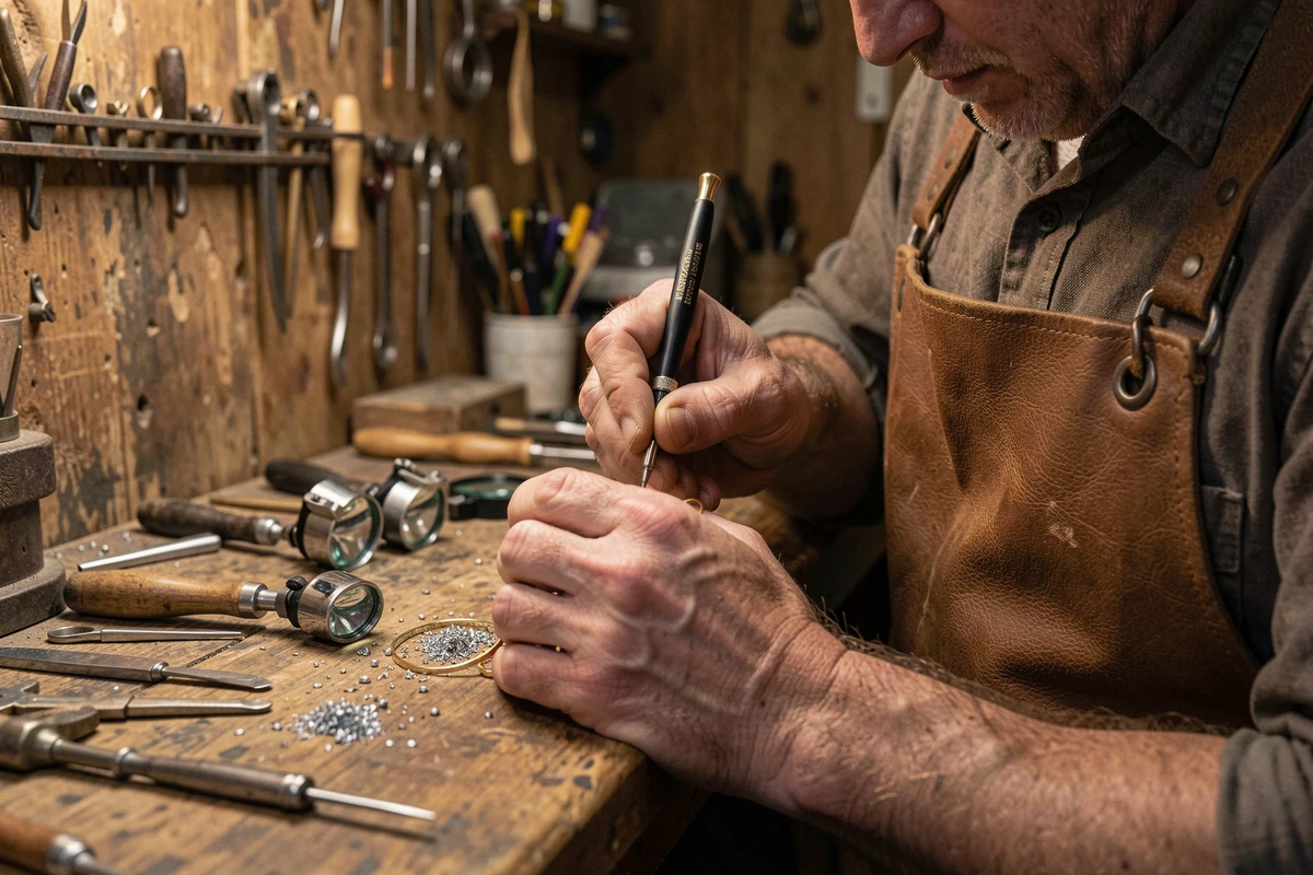 Artisan bijoutier gravant un jonc doré personnalisé dans son atelier de joaillerie