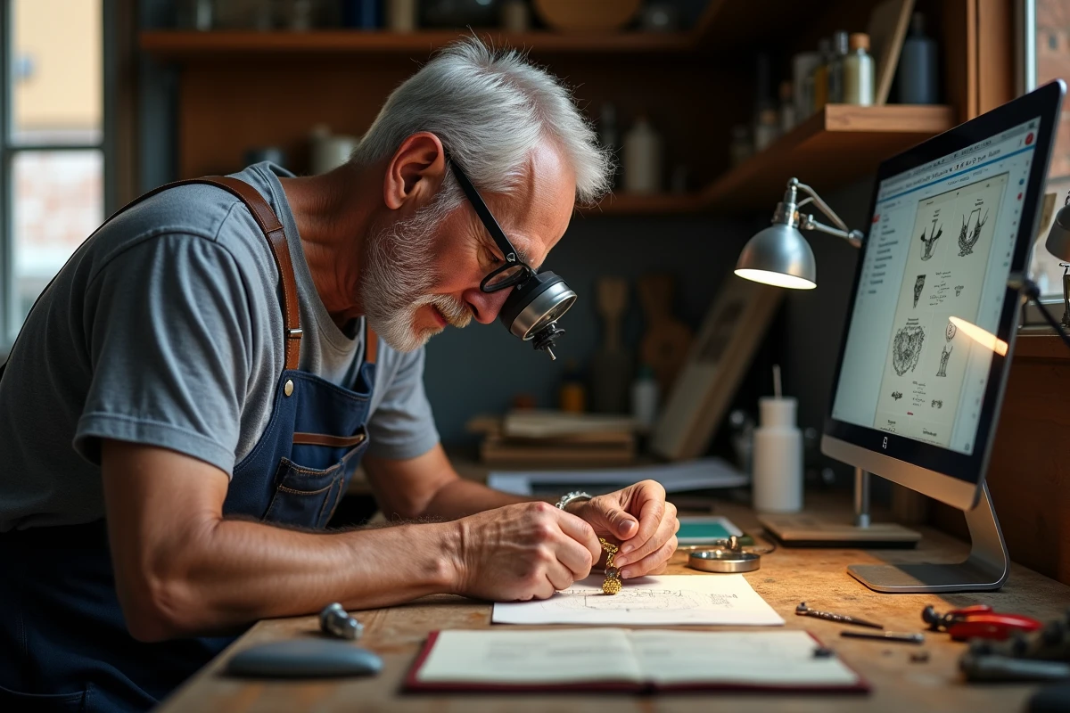 Artisan joaillier inspectant une chevalière en or personnalisée avec une loupe dans son atelier, processus de vérification qualité avant livraison