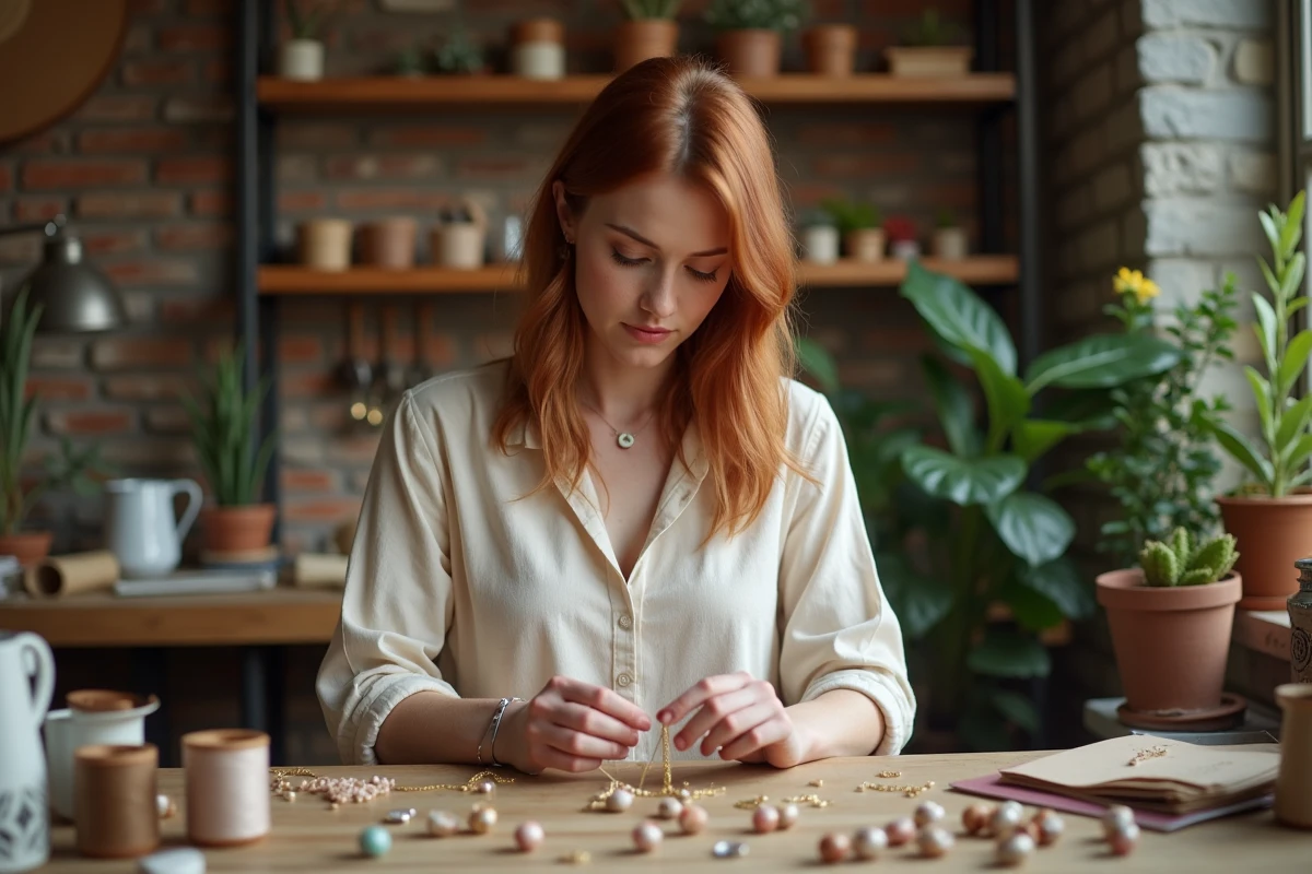 Femme artisane confectionnant une chaîne pour téléphone portable à la main avec des perles céramiques et une chaîne dorée dans un atelier rustique