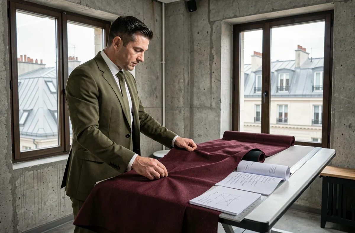 Tailleur d'Artling en costume olive étalant un tissu bordeaux dans un studio parisien moderne aux murs en béton