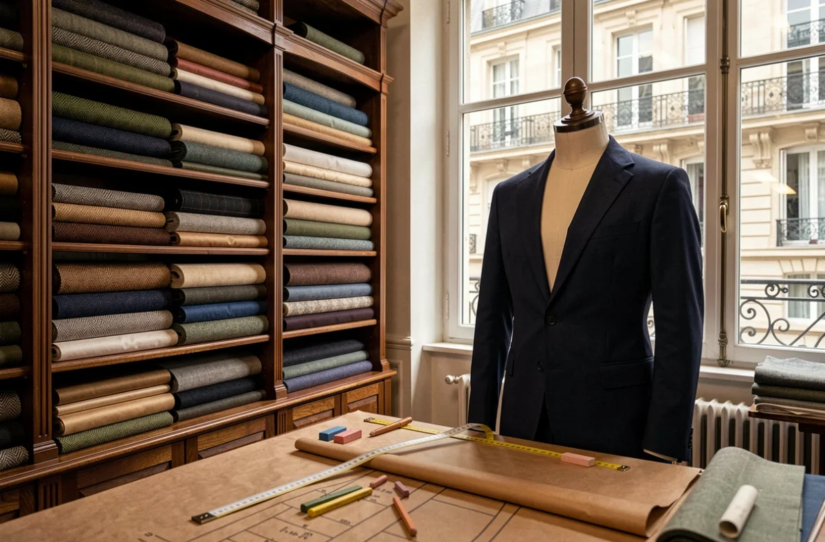 Atelier de tailleur sur mesure à Paris avec des rouleaux de tissu, une table de coupe et un mannequin portant une veste en cours de fabrication