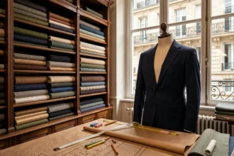 Atelier de tailleur sur mesure à Paris avec des rouleaux de tissu, une table de coupe et un mannequin portant une veste en cours de fabrication