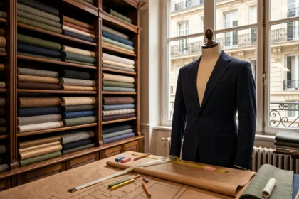 Atelier de tailleur sur mesure à Paris avec des rouleaux de tissu, une table de coupe et un mannequin portant une veste en cours de fabrication
