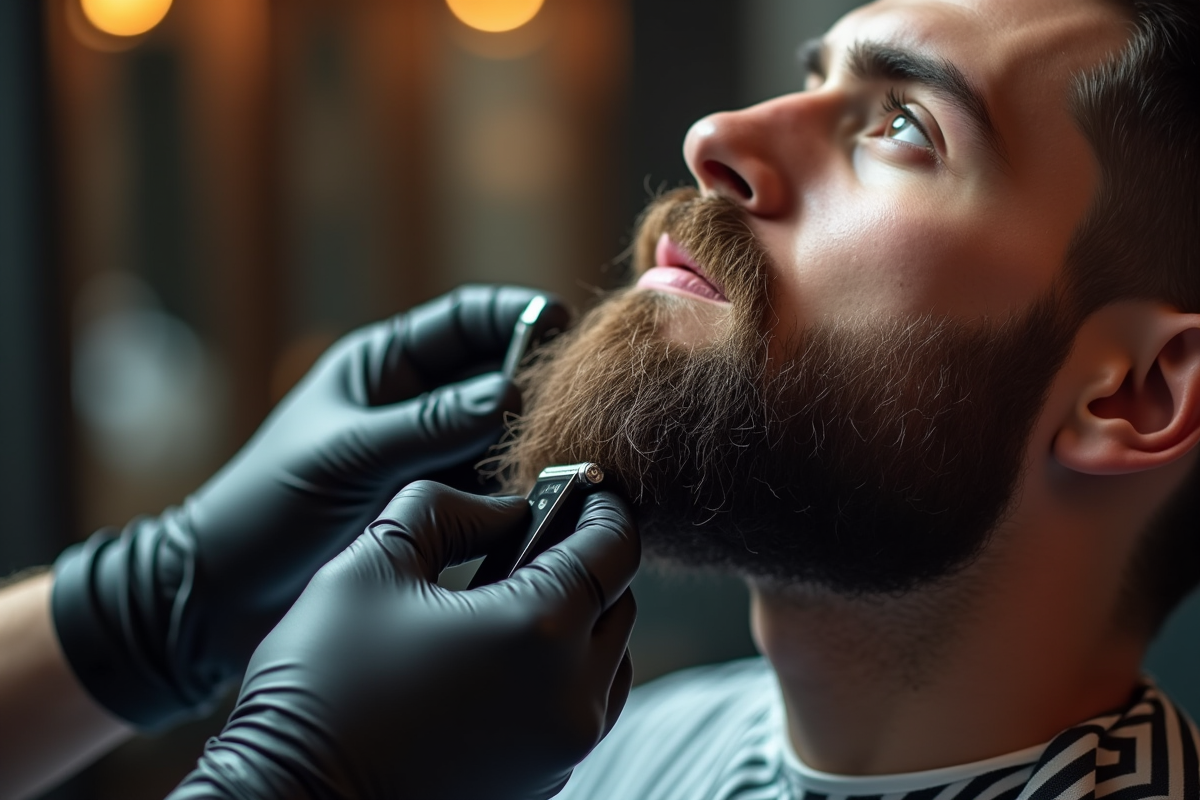 Barbier façonnant la barbe d’un client dans un salon moderne