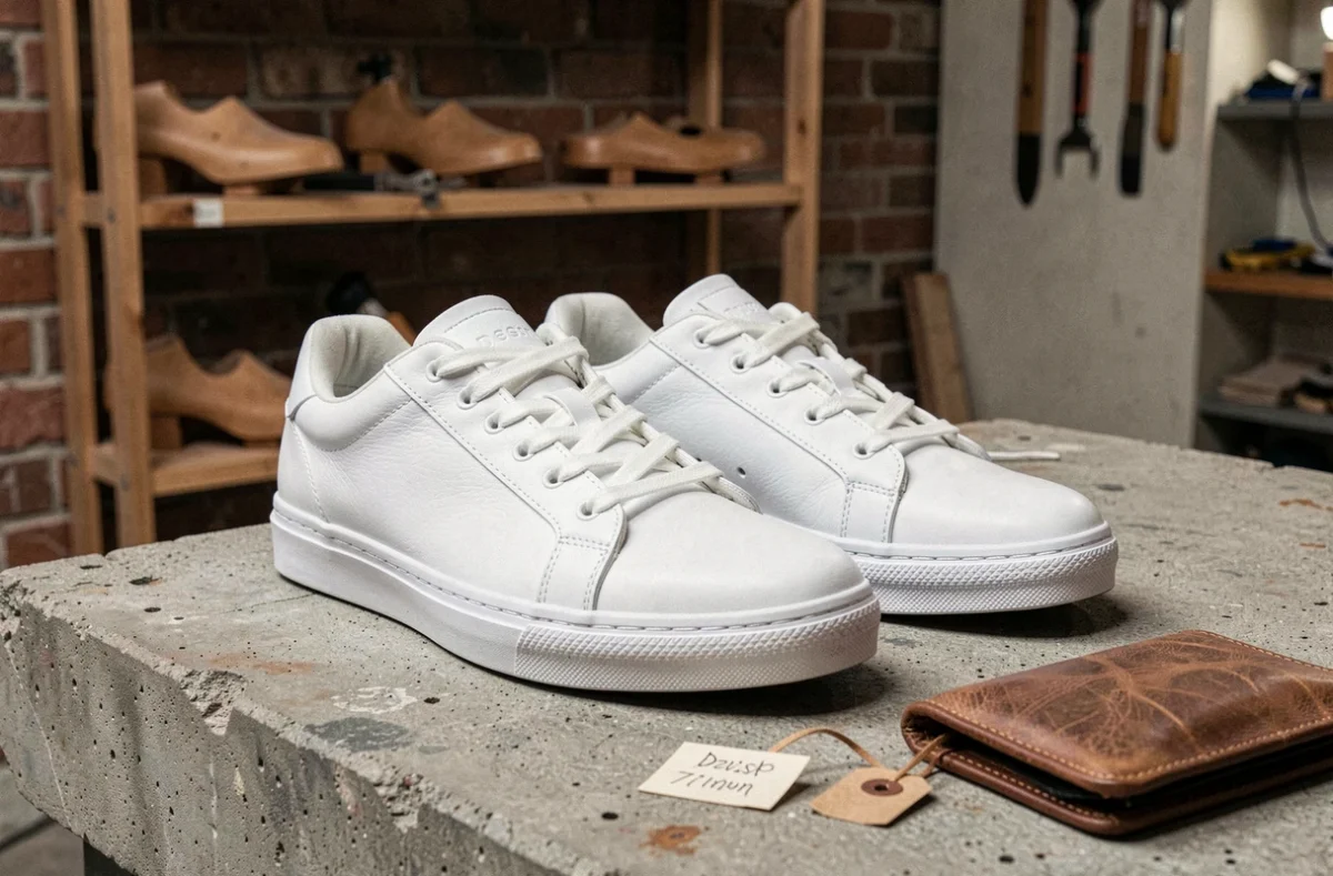 Basket homme en cuir blanc fabriquée en Europe posée sur béton brut avec étiquette prix dans un atelier artisanal