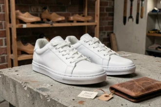 Basket homme en cuir blanc fabriquée en Europe posée sur béton brut avec étiquette prix dans un atelier artisanal