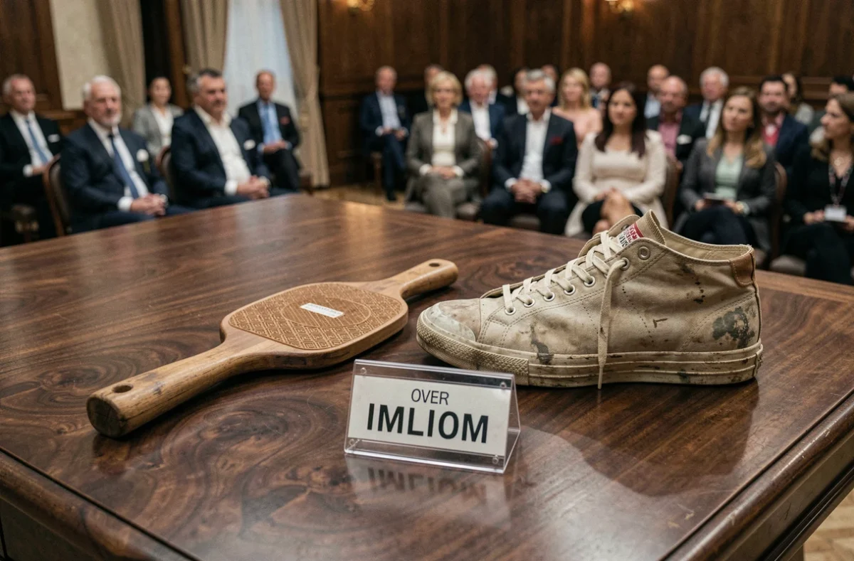 Basket vintage record aux enchères posée sur une table en noyer avec un marteau de commissaire-priseur et un prix dépassant le million de dollars dans une salle de vente prestigieuse