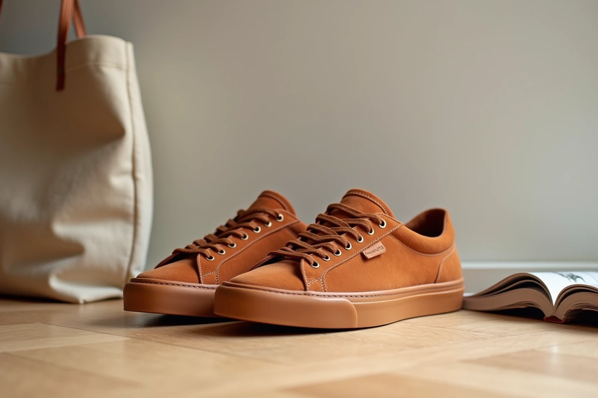 Paire de baskets françaises en daim terracotta posée sur un parquet en chêne avec un tote bag et un magazine