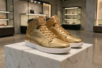 Paire de baskets de luxe rare posée sur un socle en marbre blanc dans une boutique haut de gamme, avec des détails en cuir cousu main et des accents dorés