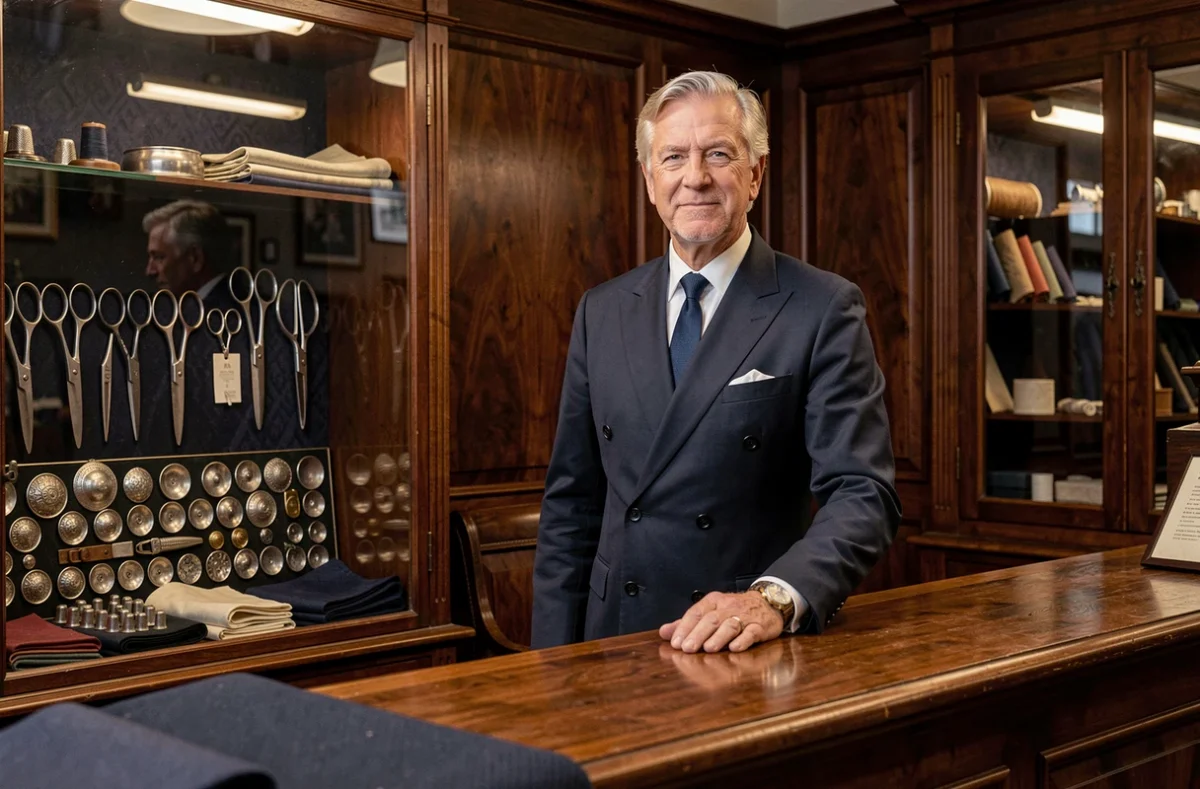 Tailleur senior de Berteil en costume marine croisé se tenant derrière le comptoir d'une boutique parisienne historique en boiseries sombres