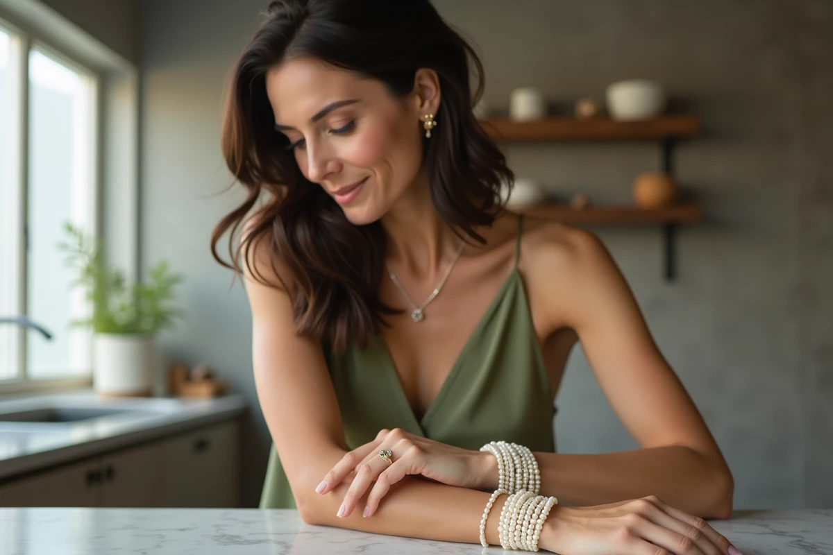Femme élégante portant des bracelets de perles de culture empilés avec un bracelet doré dans un intérieur minimaliste moderne