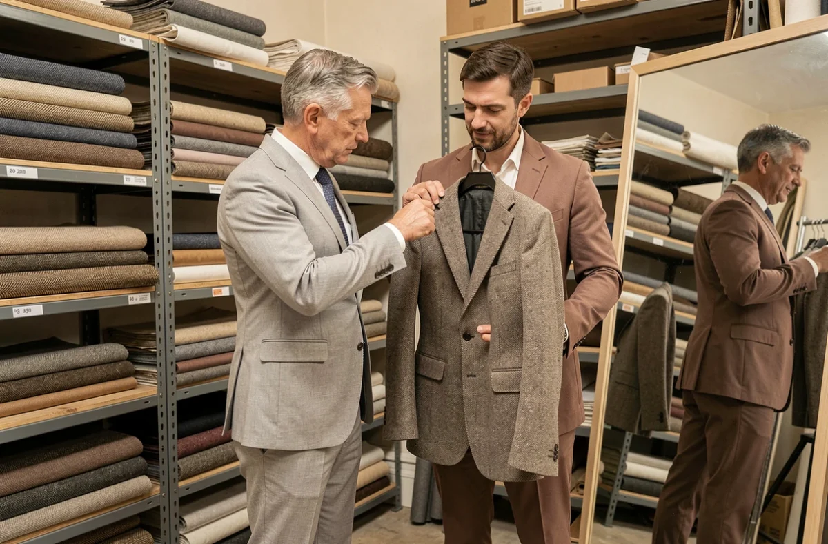 Deux tailleurs de Blandin et Delloye examinant la couture d'un col de veste dans leur atelier parisien collaboratif