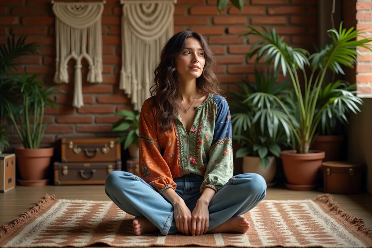 Femme en blouse paysanne patchwork et tie-dye style hippie années 70 dans un intérieur bohème