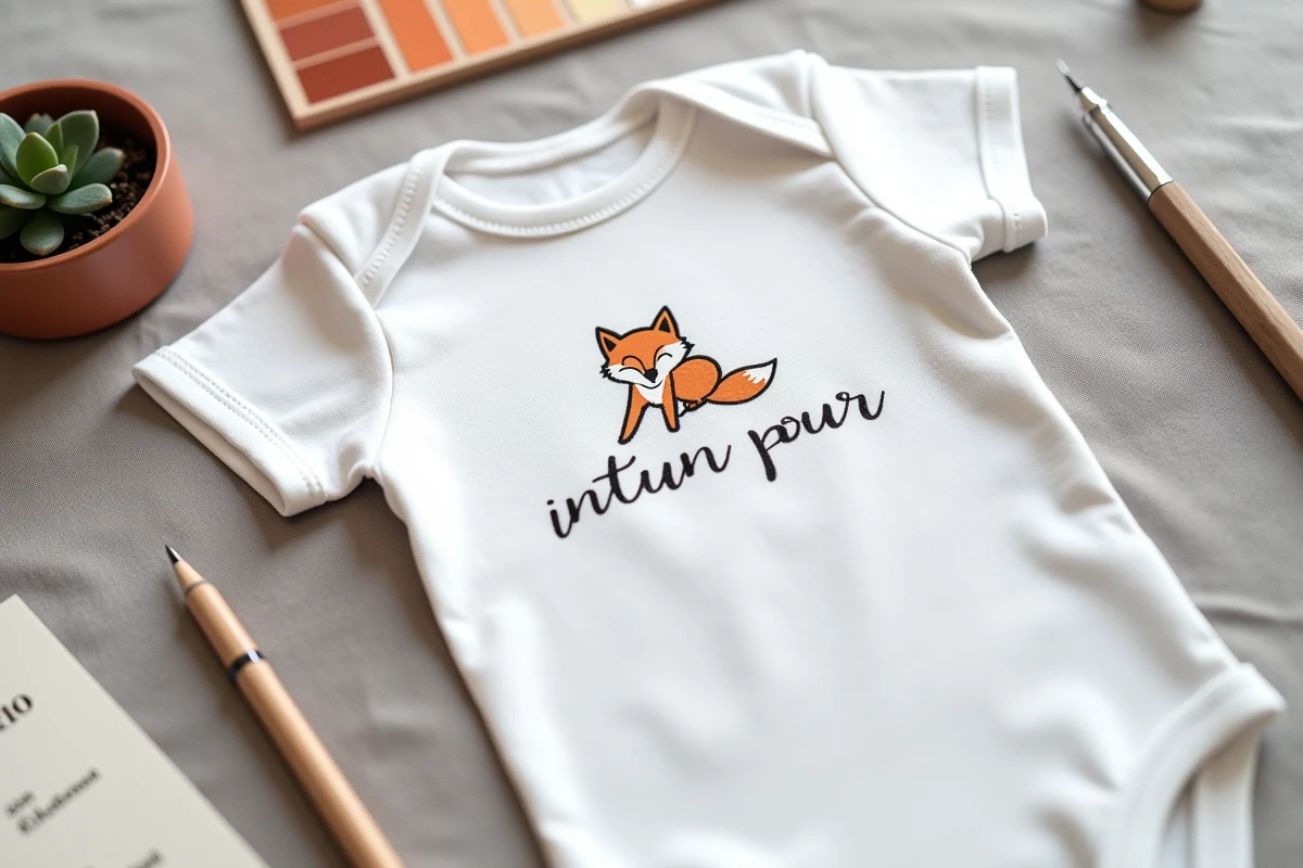 Flat-lay d'un body bébé personnalisé avec motif brodé et texte, entouré d'outils de création graphique sur lin gris
