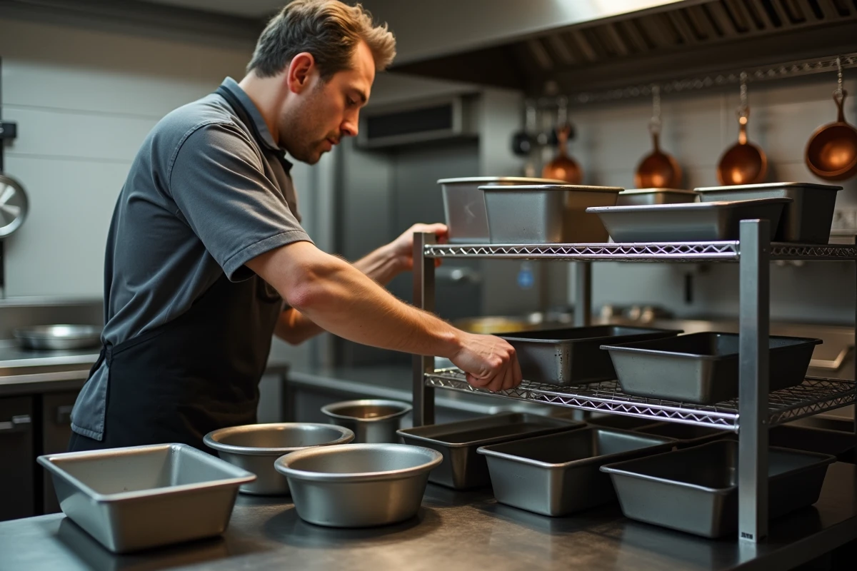 Boulanger professionnel organisant des moules à pâtisserie dans un rangement de cuisine professionnelle