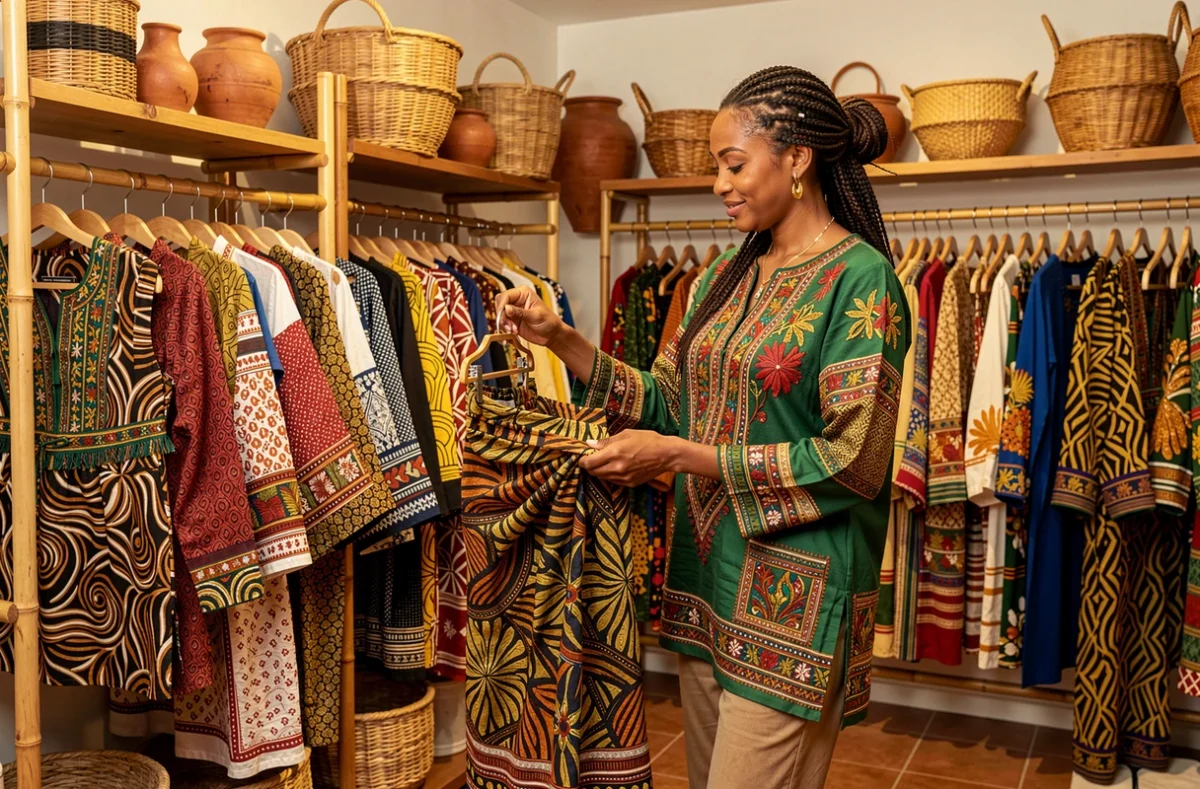 Boutique Chic Ethnique à Poitiers avec une cliente choisissant une jupe à motifs parmi des vêtements d'inspiration ethnique