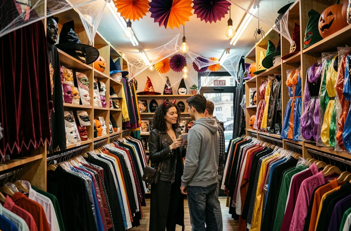 Boutique de déguisements Halloween à Paris avec rayons de costumes de vampires, sorcières et cosplay colorés