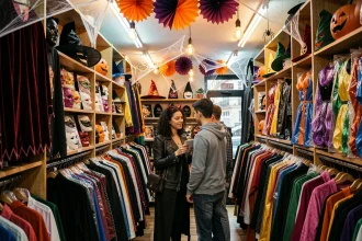 Boutique de déguisements Halloween à Paris avec rayons de costumes de vampires, sorcières et cosplay colorés