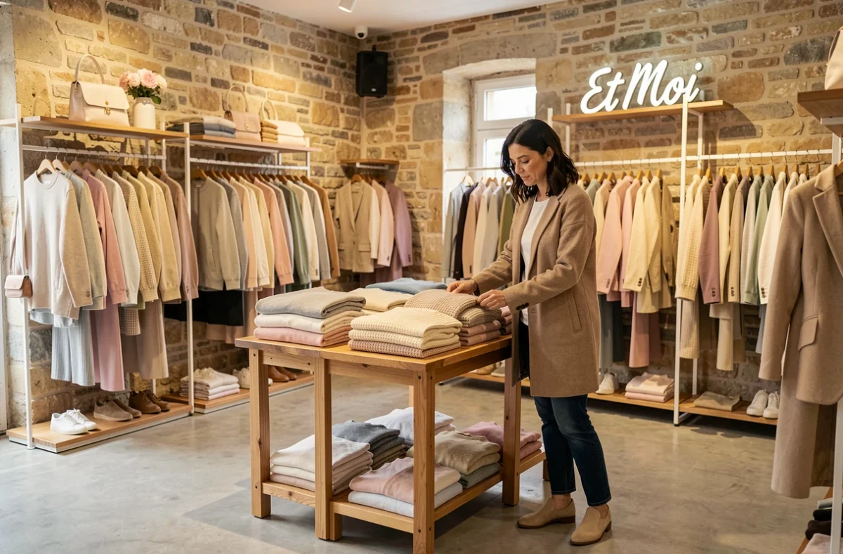 Intérieur de la boutique Et Moi à Poitiers avec une cliente parcourant les vêtements féminins contemporains