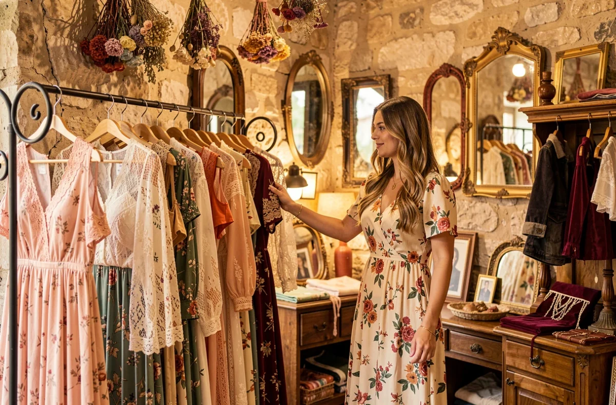 Cliente explorant des vêtements bohèmes fluides dans une boutique dans l'esprit de La Fée Maraboutée