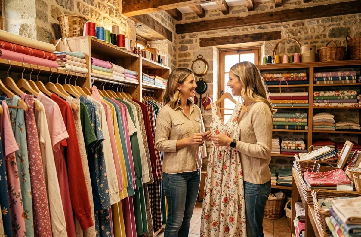Intérieur de la boutique Les Filles s'Embobinent à Neuville-de-Poitou avec deux clientes discutant autour de vêtements colorés