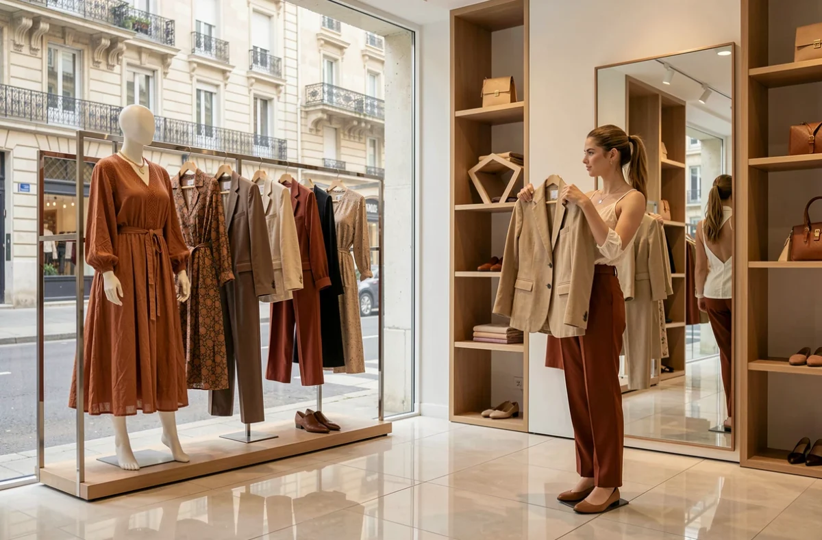 Boutique Mango à Poitiers avec une jeune femme essayant une veste en lin parmi des collections tendance