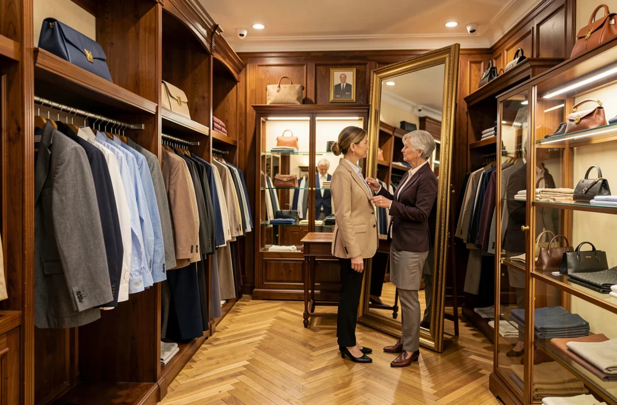 Boutique Penaud à Poitiers avec une vendeuse aidant une cliente à essayer un blazer structuré