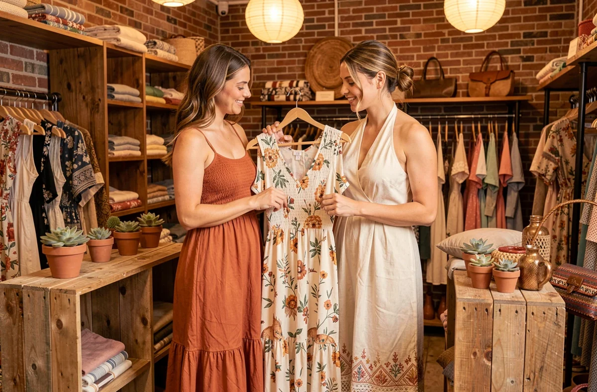 Deux femmes en robes hippie bohème choisissant une tenue dans une boutique artisanale aux murs en brique
