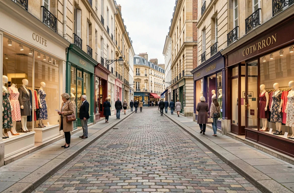 Rue commerçante de Poitiers avec des boutiques de prêt-à-porter féminin et des vitrines élégantes