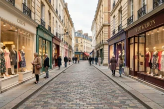 Rue commerçante de Poitiers avec des boutiques de prêt-à-porter féminin et des vitrines élégantes
