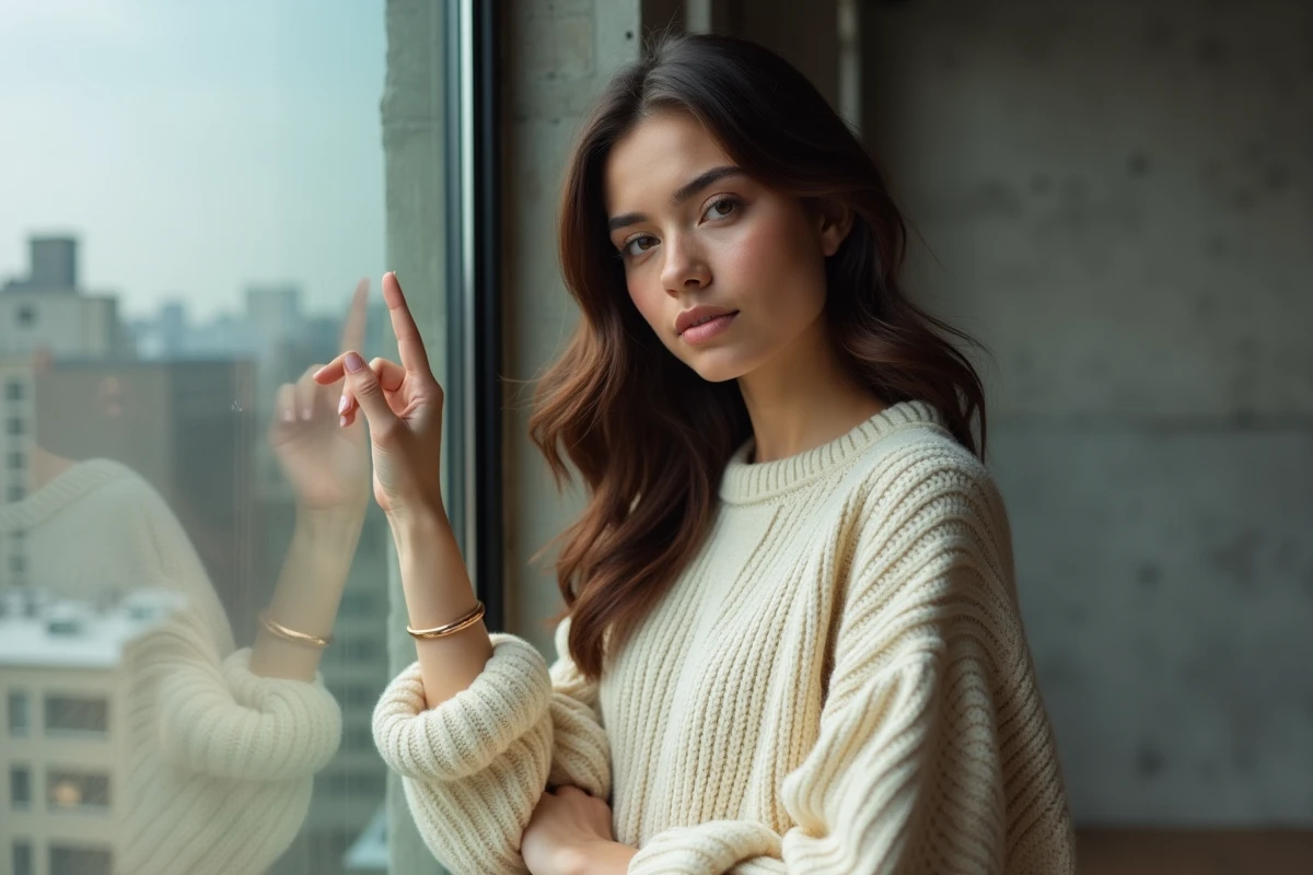 Femme portant un bracelet minimaliste en or rose près d'une fenêtre industrielle dans un loft urbain