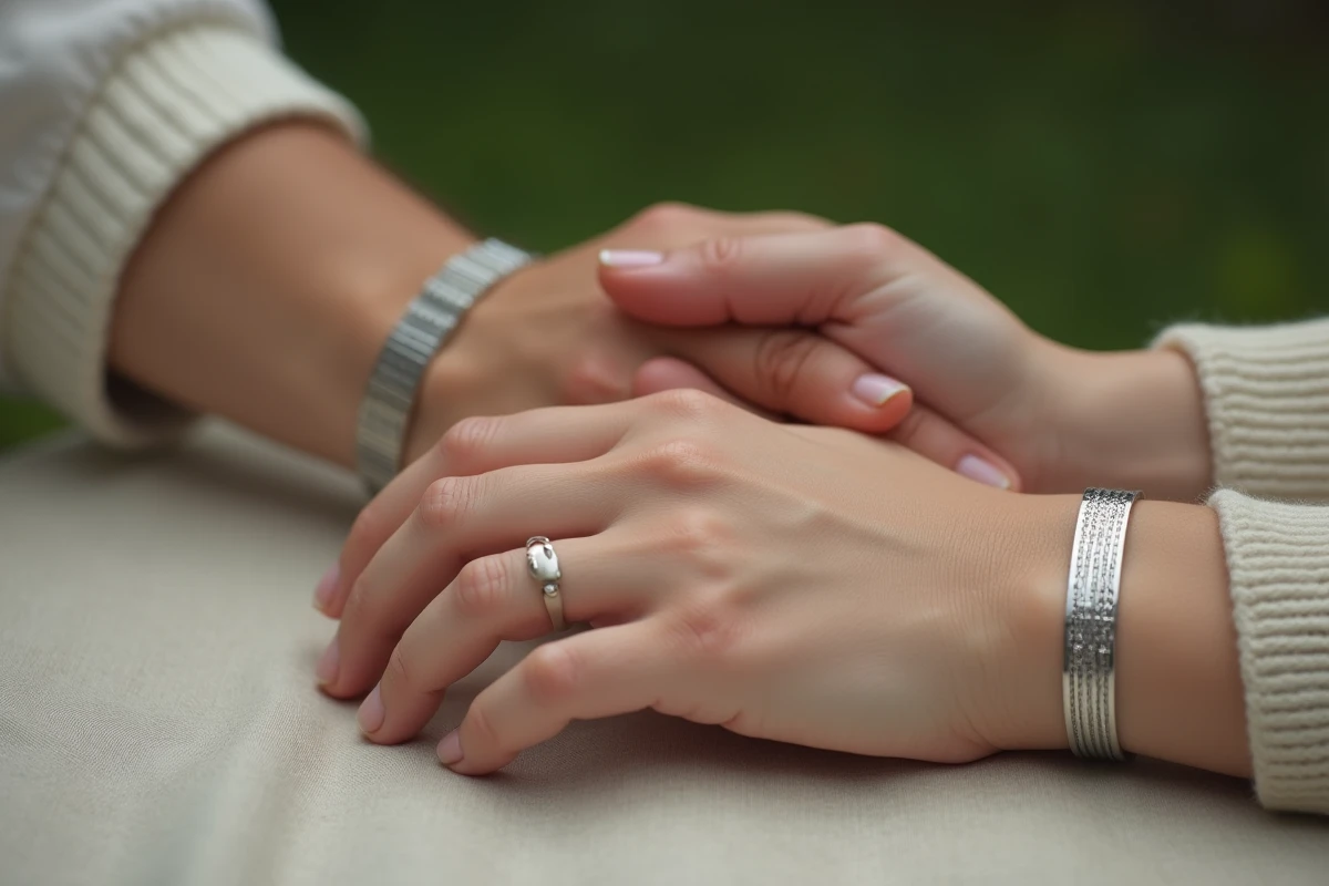 Gros plan sur deux mains portant des bracelets minimalistes identiques en argent posées sur un tissu en lin