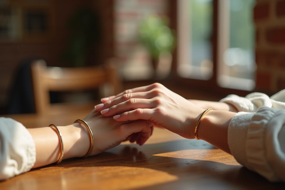 Deux femmes portant des bracelets minimalistes assortis posés côte à côte sur une table de café en bois