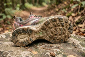 Semelle usée d'une chaussure de trail Brooks Divide 5 posée sur un rocher, montrant l'usure des crampons après plusieurs centaines de kilomètres