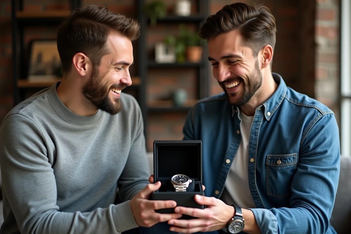 Deux hommes souriants lors d'un échange de cadeau d'une montre personnalisée dans un salon chaleureux avec mur en briques