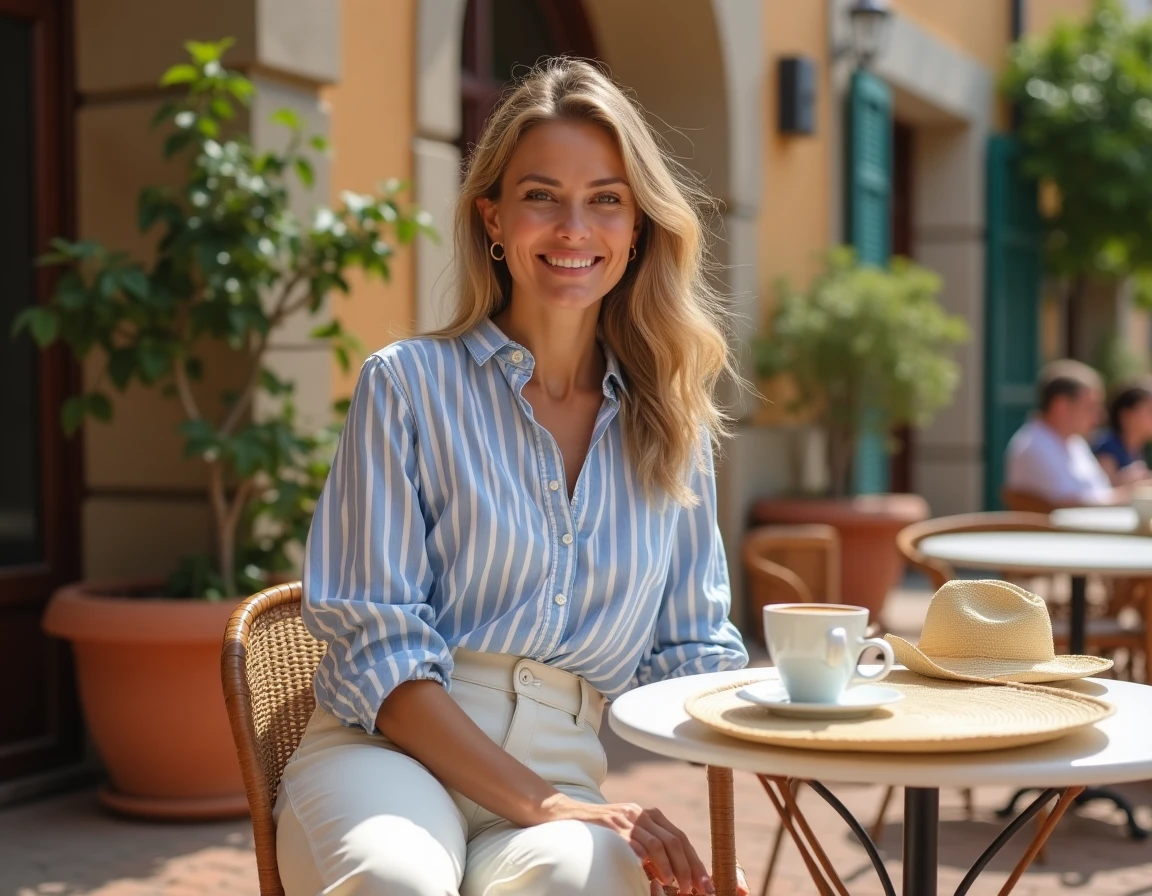 Femme en chemisier de plage rayé assis à une terrasse de café côtier avec chapeau en paille