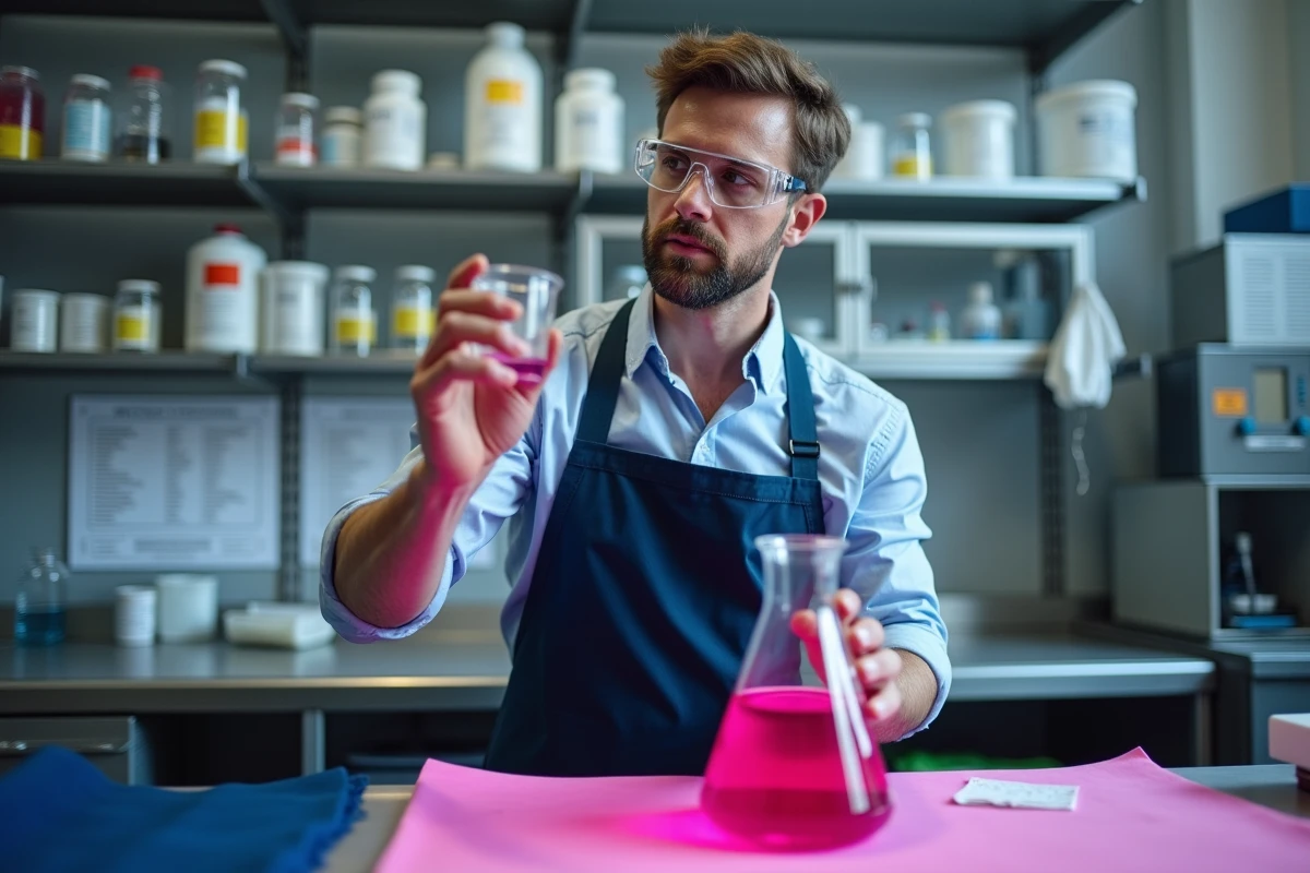 Chercheur en laboratoire textile analysant une solution de teinture magenta pour polyester synthétique conforme aux normes 2026
