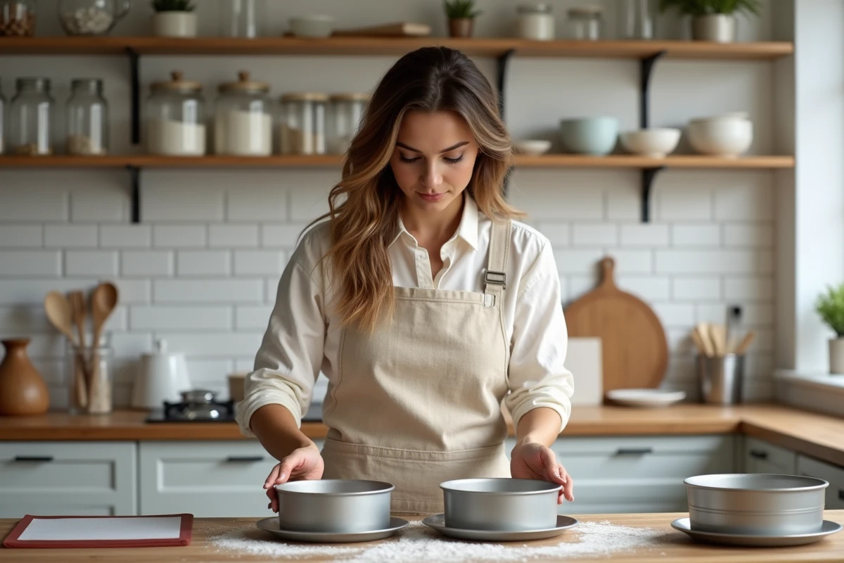 Femme inspectant des moules à gâteau et ustensiles de pâtisserie sur un plan de travail en bois dans une cuisine artisanale